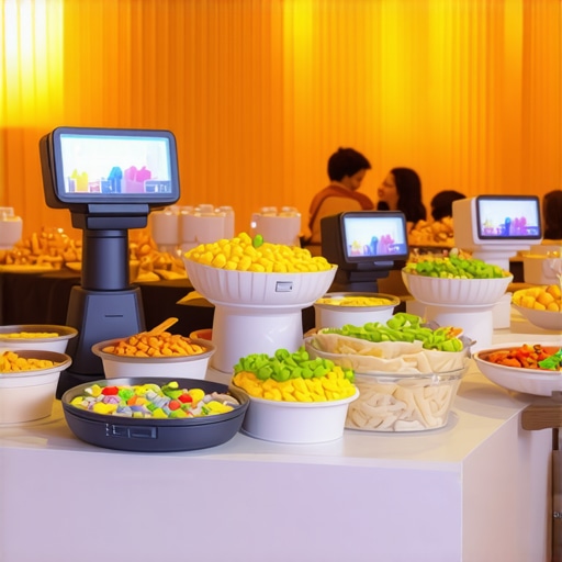 Futuristic Wedding Service Environment Wedding reception featuring augmented reality interfaces and IoT-enabled food containers.