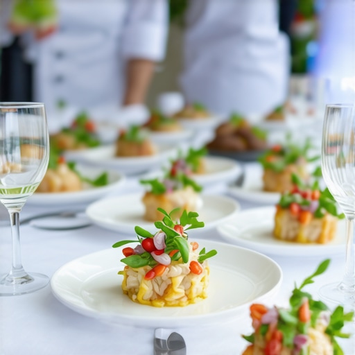High-End Wedding Catering and Service Elegant wedding catering scene with private chef, attentive servers, and modern delivery systems