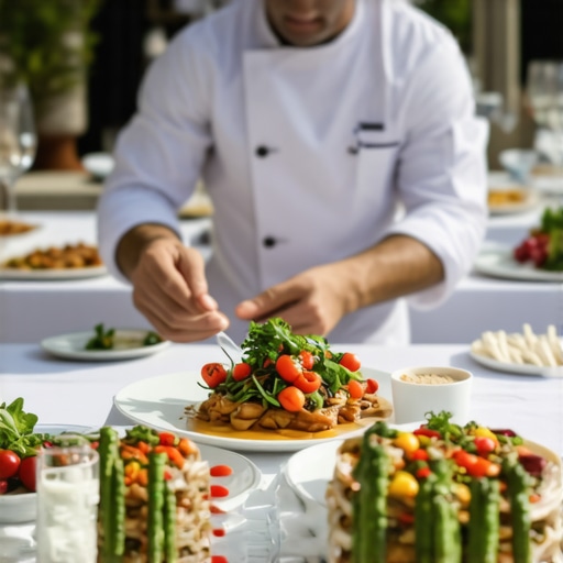 Elegant wedding scene showcasing private chef and servers with augmented reality dining elements.