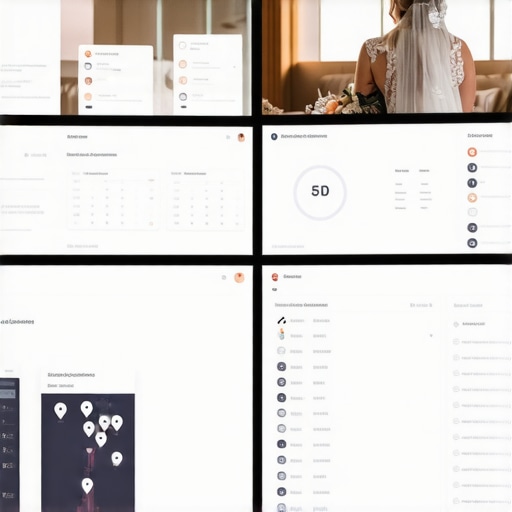 Event staff coordinating via digital dashboards in a wedding setting.