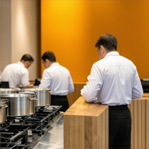 A sophisticated event kitchen featuring modular stations and advanced communication tools for seamless wedding catering