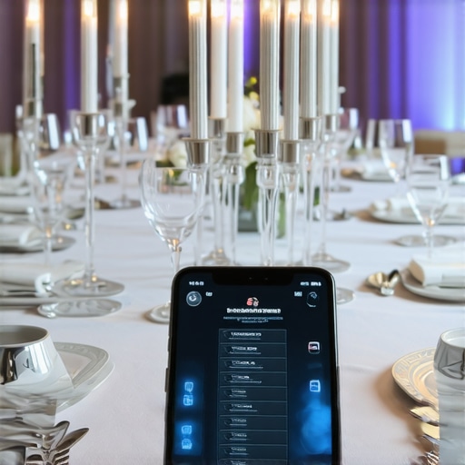 Guests engaging with augmented reality menu at a wedding reception.