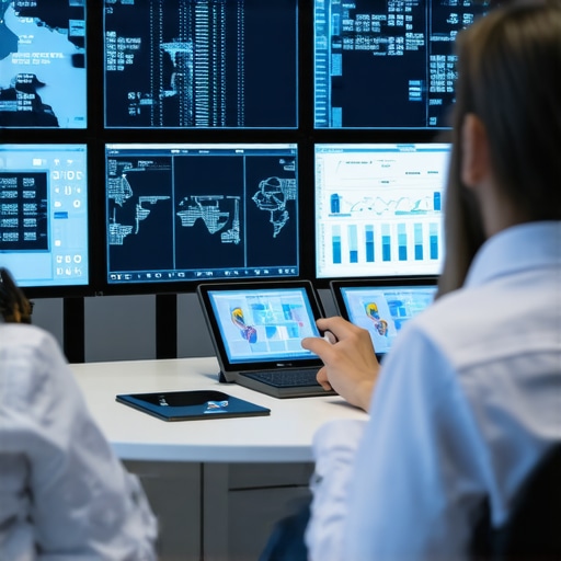 High-Tech Wedding Service Hub A sophisticated digital control room managing wedding event logistics with staff monitoring data and guest flow.