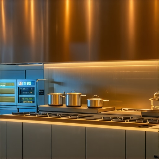 High-tech Wedding Kitchen Setup Futuristic wedding catering kitchen with digital analytics displays and modular equipment.
