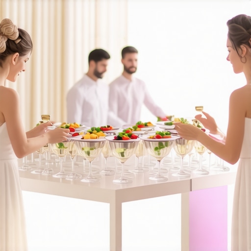 Guests engaging with augmented reality guides at a luxurious wedding buffet