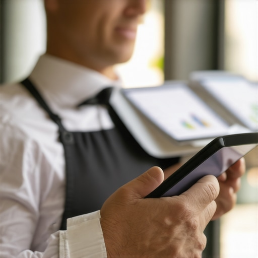 Catering staff using tablets and data screens during a wedding event