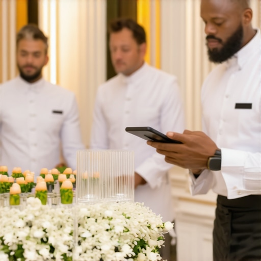 High-tech wedding logistics in action Wedding staff utilizing tracking technology for seamless food delivery.