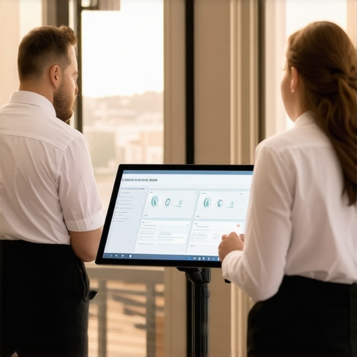 High-tech wedding service coordination Wedding servers coordinating with digital management tools during reception