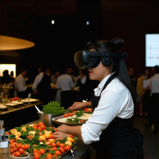 Catering staff engaged in virtual reality training session for wedding event service.