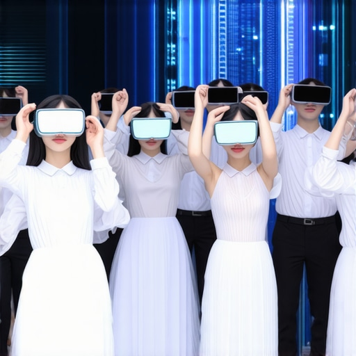Servers using virtual reality headsets to practice wedding service scenarios in a high-tech training environment.