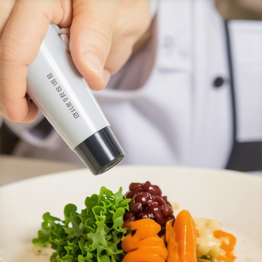 Portable allergen tester used by a chef to verify food safety in an upscale catering environment.