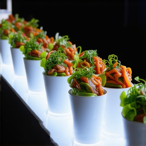 Innovative Wedding Catering Packaging Futuristic wedding catering with high-tech illuminated food containers