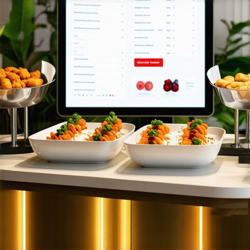Innovative Wedding Catering Station with Digital Customization A modern wedding catering setup featuring interactive stations with digital customization options.