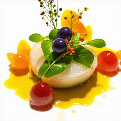 A beautifully plated wedding dish featuring molecular gastronomy techniques with vibrant colors and intricate presentation.