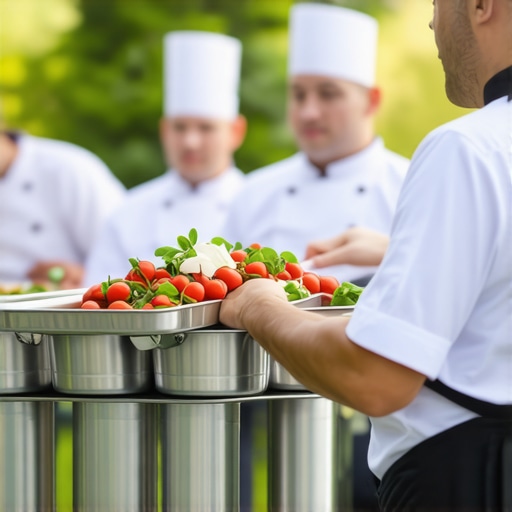 Wedding catering staff using modular insulated carriers outdoors