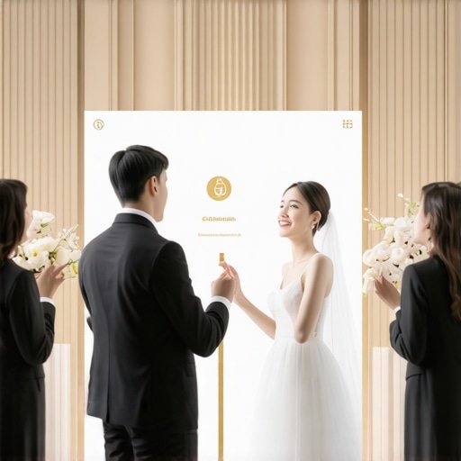 Innovative Wedding Service with AR Technology Guests engaging with augmented reality food displays at a luxury wedding.