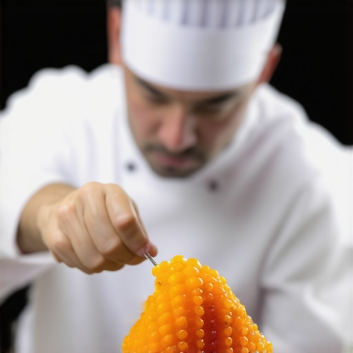 Chef preparing avant-garde dishes with scientific techniques in a high-end setting