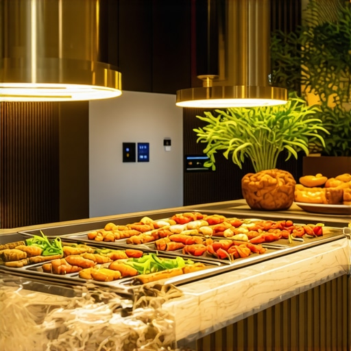 Interactive Wedding Catering Station A modern wedding catering station featuring customizable dishes and digital ordering kiosks