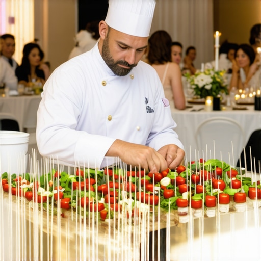 Interactive Wedding Culinary Experience Chef demonstrating molecular gastronomy to wedding guests at a live cooking station.