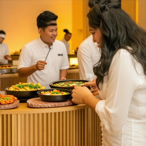 Interactive Wedding Service Experience Guests at a wedding engaging with digital and sensory-rich culinary stations, showcasing innovation in wedding service delivery.