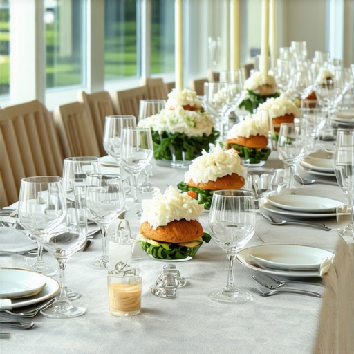 Luxurious Wedding Catering Environment A sophisticated wedding table featuring customized dishes, artistic presentation, and soft ambient lighting.