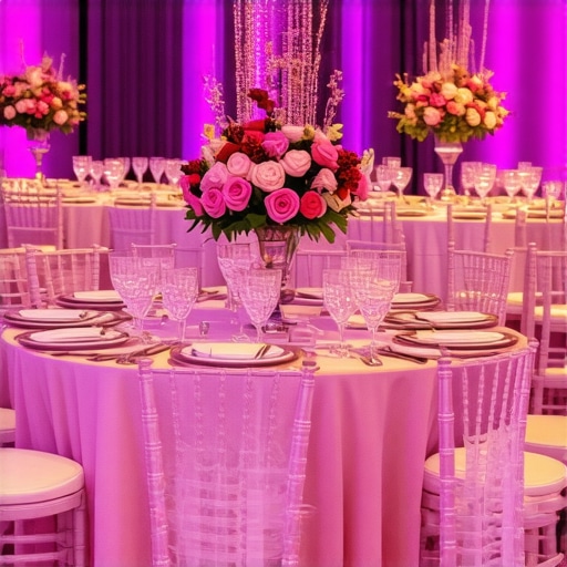 Luxurious Wedding Reception Atmosphere Elegant wedding reception with ambient lighting, floral arrangements, and fine dining table