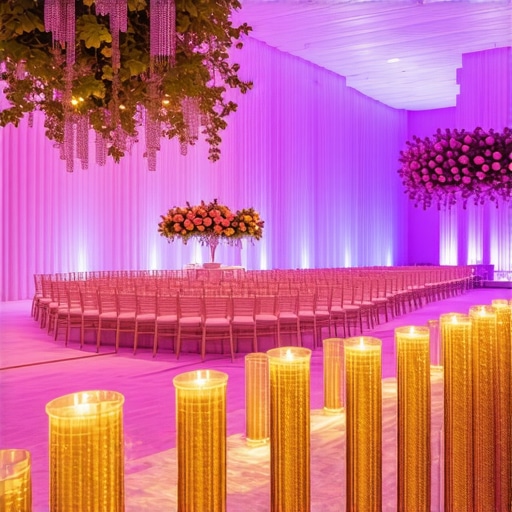 Stylish wedding scene with sustainable decorations, ambient lighting, and high-tech service stations.