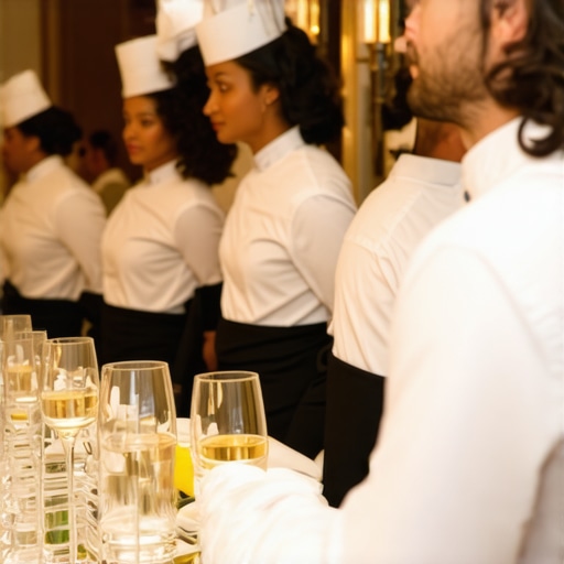 Photograph of attentive servers in a high-end private event catering to diverse guests in an elegant venue