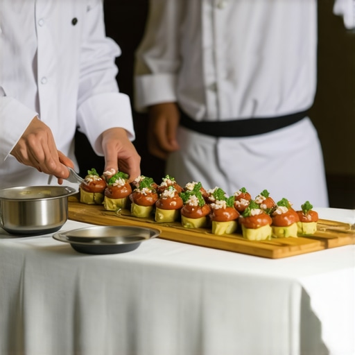 Upscale wedding dining scene with chef presenting dishes to guests