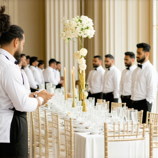 Elegant wedding scene showcasing advanced logistics, private chefs, and professional servers at a luxurious venue