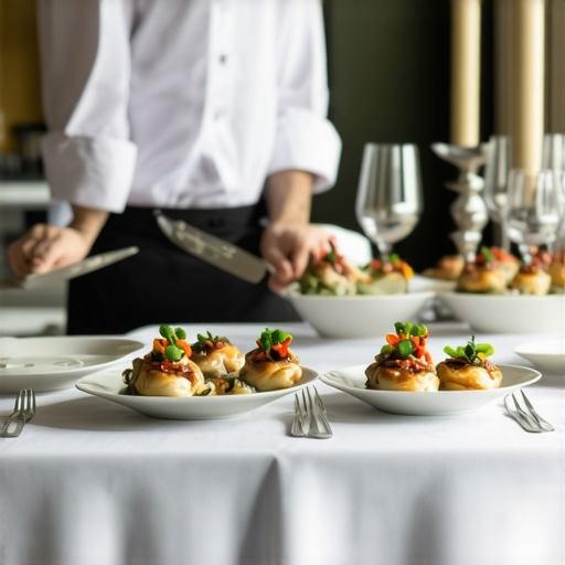 Luxury Wedding Dining Setup with Private Chef Gourmet dishes being prepared by a private chef at a wedding reception table