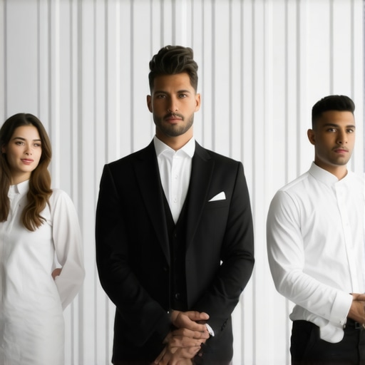 Elegant wedding servers in tailored uniforms with refined details at a high-end reception.
