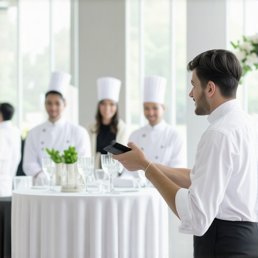 Elegant wedding reception with synchronized service and technology integration.