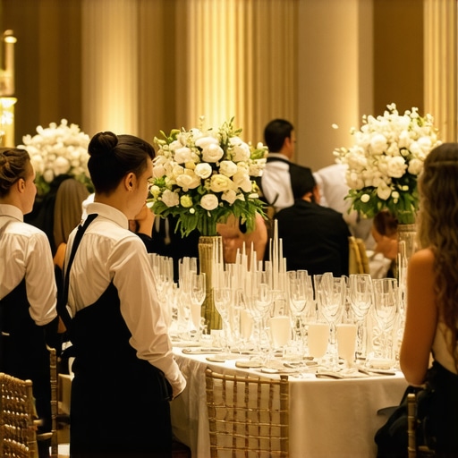 Professional servers providing discreet and courteous service at a wedding reception