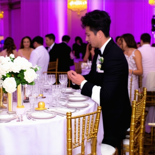 Luxury Wedding Service Excellence Servers assisting guests at an upscale wedding reception, demonstrating professionalism and attentiveness.