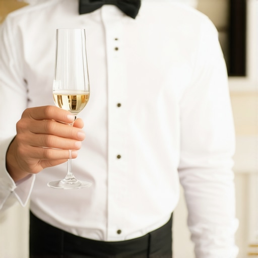 Waiter elegantly serving champagne at an upscale wedding event.