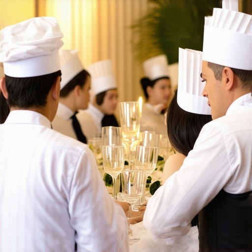 Elegant wedding reception with private chefs and servers providing attentive service in a high-end venue.