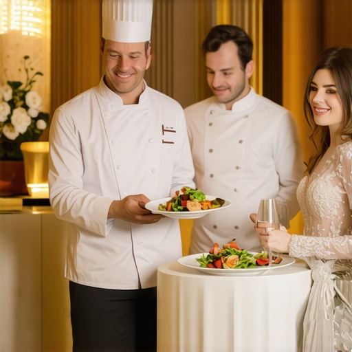 Couple tasting gourmet dishes in a luxurious wedding tasting room