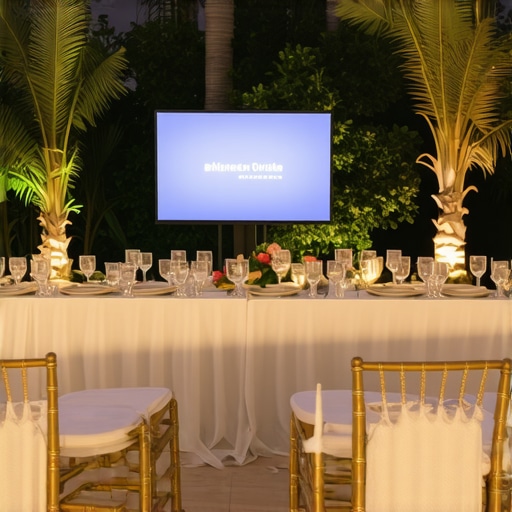 Outdoor wedding scene showcasing digital menu screens and a private chef preparing gourmet dishes