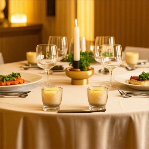 Sophisticated private dining arrangement with gourmet dishes and ambient lighting.
