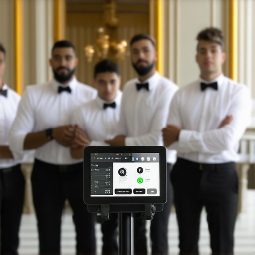 Catering staff using modern communication devices coordinating at a high-end wedding