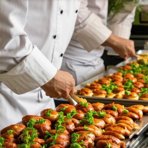Luxury wedding catering Caterers setting up a luxurious wedding food station