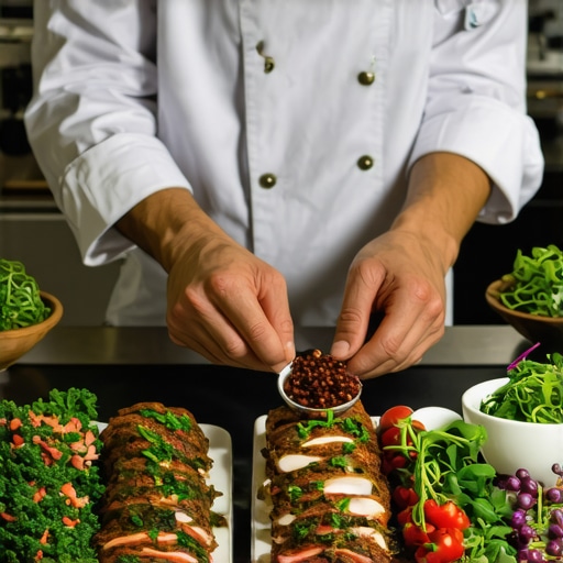Luxury wedding culinary preparation Private chef crafting gourmet wedding dishes with fresh ingredients in a high-end kitchen