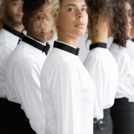 Wedding staff wearing innovative, stylish uniforms crafted from high-tech fabrics, demonstrating luxury professionalism.