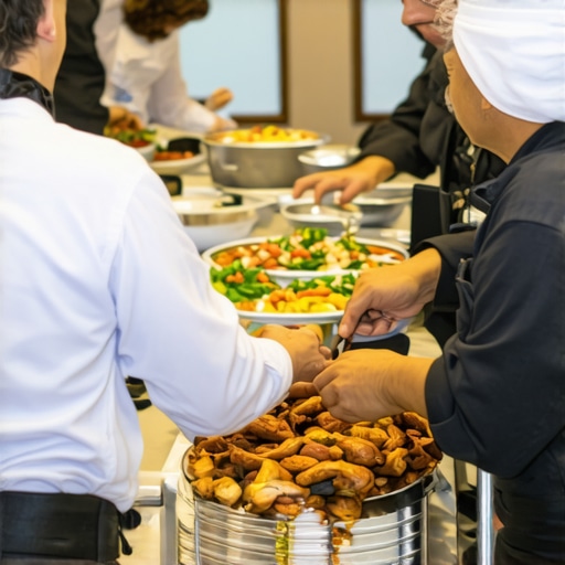 Wedding servers using tablets and walkie-talkies, managing guest food service efficiently in an elegant venue.