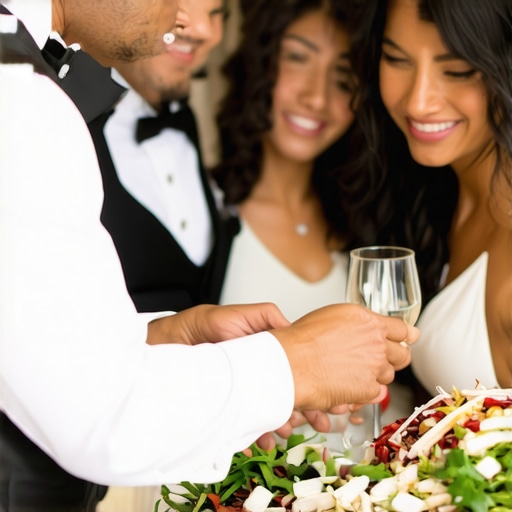 Server using translation technology to communicate with international guests during an elegant wedding reception.