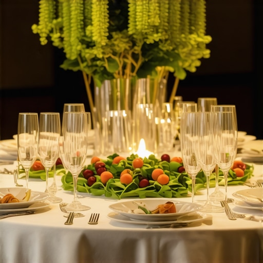 Multisensory Wedding Dining Experience Wedding reception scene with ambient lighting, aromatic elements, and sophisticated dishes showcased