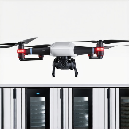 Futuristic delivery vehicles and drones near a sleek catering kitchen
