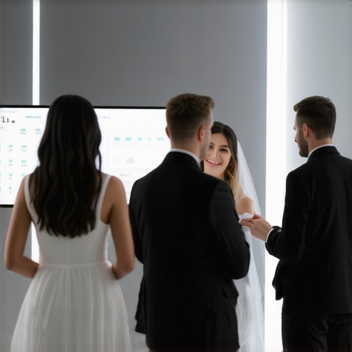 Graphic of a wedding event management system with digital interfaces and diverse service staff
