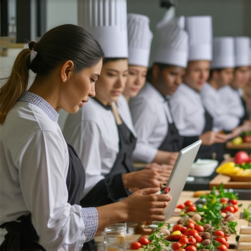 Catering staff managing wedding meal prep using advanced scheduling tools in a professional kitchen.